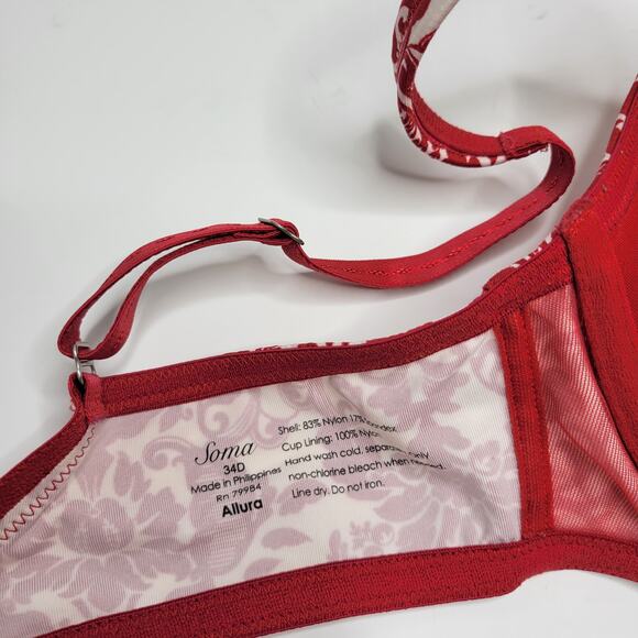 Soma Allura Bra Full Coverage Red Printed Underwire 34D - Picture 6 of 6